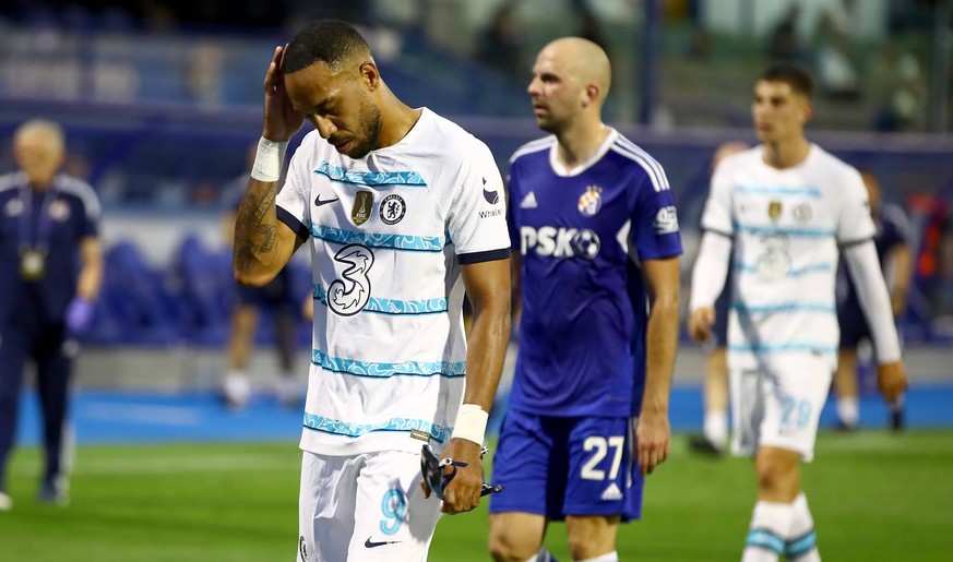 Mandatory Credit: Photo by Kieran McManus/Shutterstock 13368422an Pierre-Emerick Aubameyang of Chelsea shows a look of dejection as he walks off at half time Dinamo Zagreb v Chelsea, UEFA Champions Le ...
