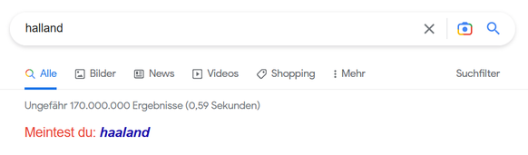 Google fragt nach der Suche von "Halland", ob "Haaland" gemeint ist.