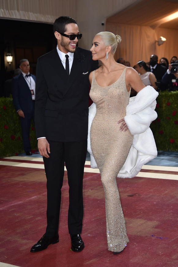 Pete Davidson, in Dior Men, Kim Kardashian, in vintage Jean Louis, worn by Marilyn Monroe at President John F. Kennedy&#039;s 1962 birthday fundraiser at arrivals for Met Gala Costume Institute Benefi ...