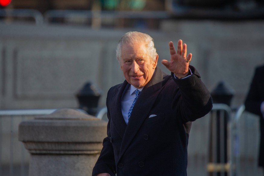 February 14, 2023, London, England, United Kingdom: King CHARLES III visits The Syria House, a temporary Syrian community tent in Trafalgar Square, central London, where members of the Syrian communit ...
