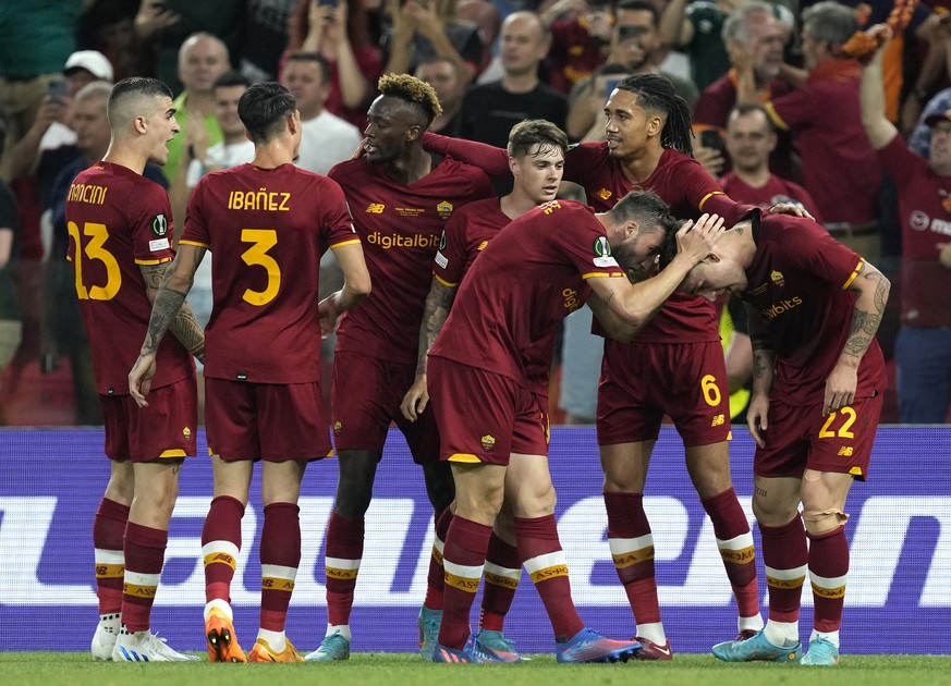 AS Roma players celebrate after Roma's Nicolo Zaniolo scored his side's opening goal during the Europa Conference League final between AS Roma and Feyenoord at National Arena in Tirana, Albania, Wedne ...