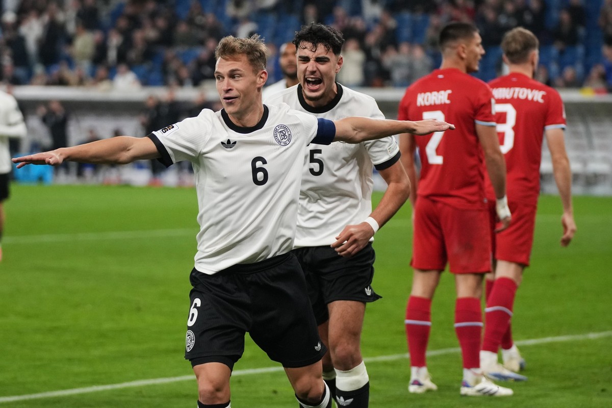 Germany&#039;s Joshua Kimmich celebrates after he scored his side&#039;s 4th goal during the World Cup 2026 group A qualifying soccer match between Germany and Luxembourg in Sinsheim, Germany, Friday, ...