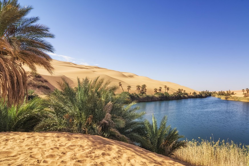 Umm el Ma (Mother of the Water) is about 800 meters long stretched lake in the Libyan part of the Sahara in the Fezzan Awbari. The oasis formed by the lake will be saved from numerous underground wate ...