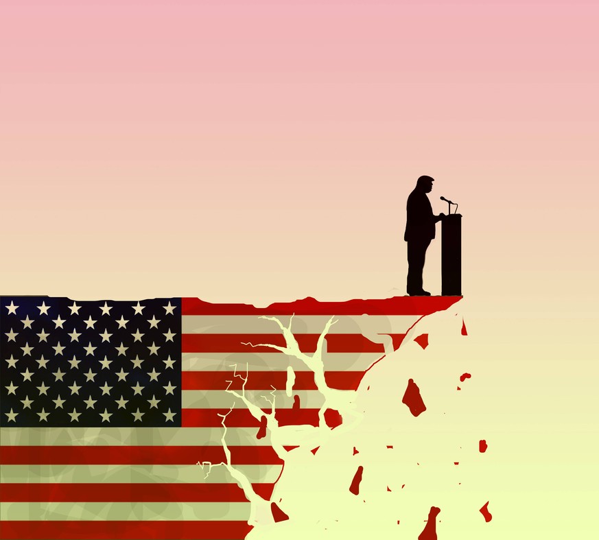 Cartoon, Illustration. Donald Trump on the flag of the United States of America. USA PUBLICATIONxINxGERxSUIxAUTxONLY Copyright: xHollandsexHoogtex/xCartoonxMovementx x71071738x