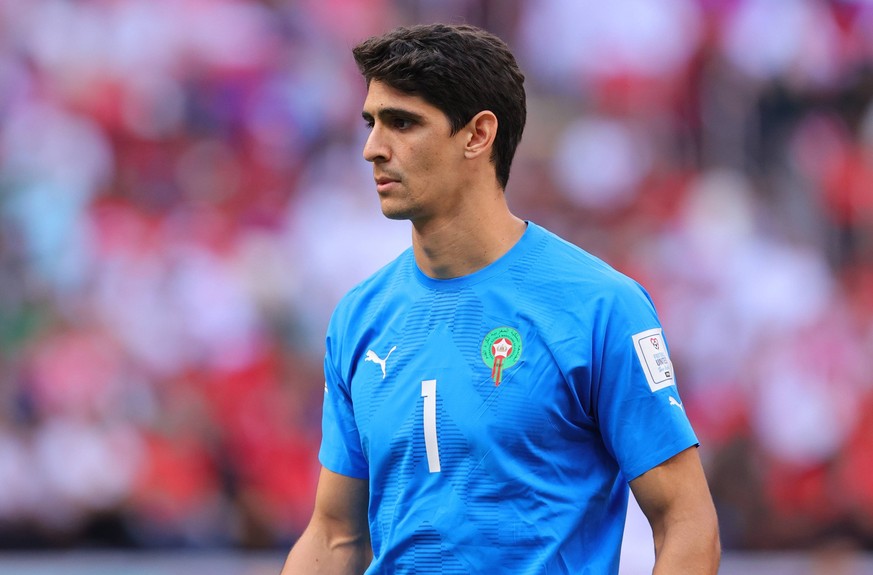 Yassine Bounou of Morocco looks on during the FIFA World Cup, WM, Weltmeisterschaft, Fussball Qatar 2022 Group F match between Morocco and Croatia at Al Bayt Stadium, Al Khor, Qatar on 23 November 202 ...