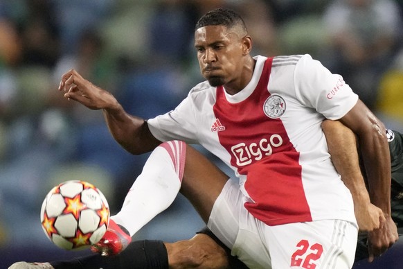 FILE - Sebastien Haller during a Champions League match with Ajax at the Alvalade stadium in Lisbon, on Sept. 15, 2021. Borussia Dortmund says striker Sébastien Haller needs chemotherapy treatment bec ...