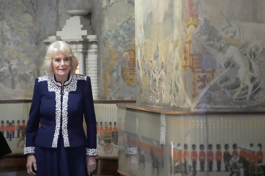 Britain&#039;s Queen Camilla hosts a reception at Windsor Castle for authors, illustrators and binders who have been involved in the new Miniature Library collection displayed alongside Queen Mary&#03 ...