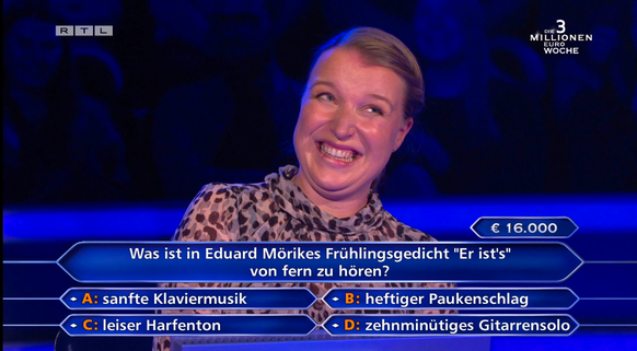 Sabine Weisel schafft dank Günther Jauch die 16.000-Euro-Frage.