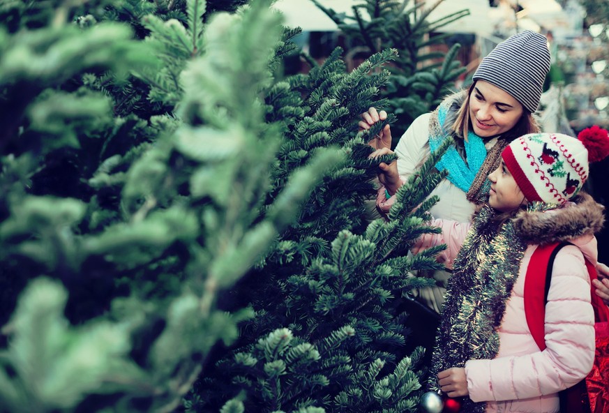 Pleasant woman with daughter buying Christmas tree in market. Focus on woman