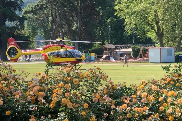 A rescue helicopter is pictured after a knife attack in a park of Annecy, French Alps, Thursday, June 8, 2023. An attacker with a knife stabbed several young children and at least one adult, leaving s ...