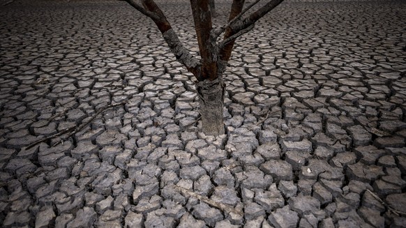 18.04.2023, Spanien, Vilanova de Sau: Rissige Erde ist, nachdem der Wasserstand im Sau-Stausee, etwa 100 km nördlich von Barcelona, gesunken ist, zu sehen. Der spanische Ministerpräsident Sanchez warn ...