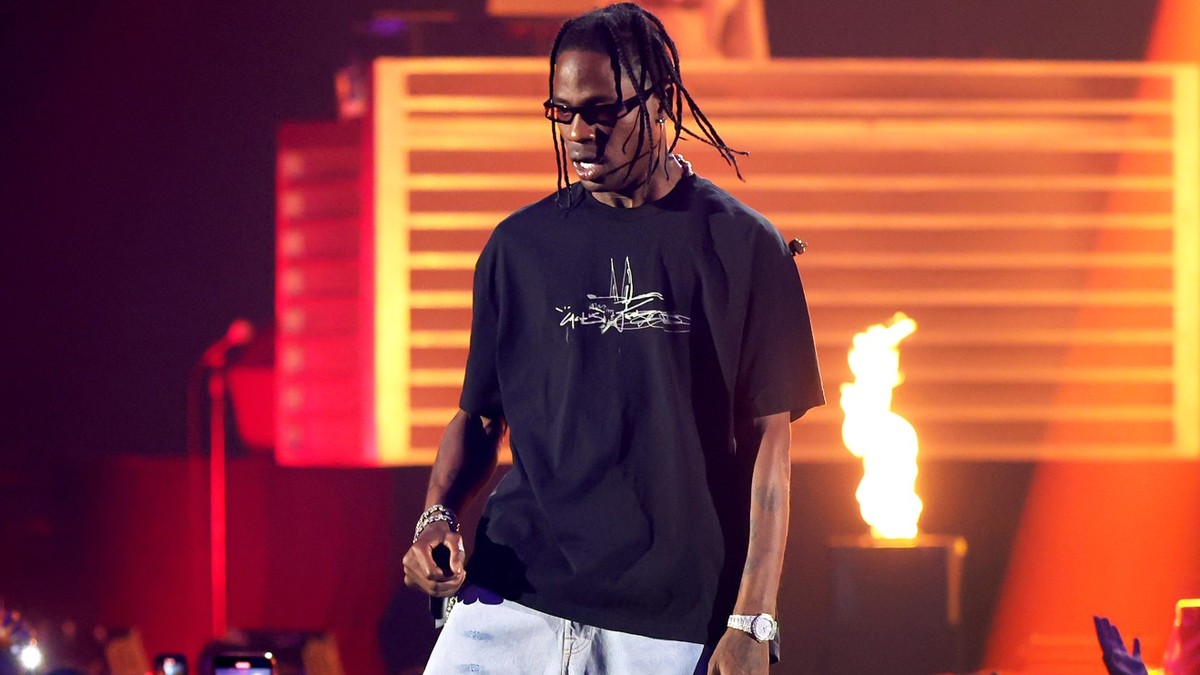 LAS VEGAS, NEVADA - SEPTEMBER 23: (FOR EDITORIAL USE ONLY) Travis Scott performs onstage during the 2023 iHeartRadio Music Festival at T-Mobile Arena on September 23, 2023 in Las Vegas, Nevada. (Photo ...
