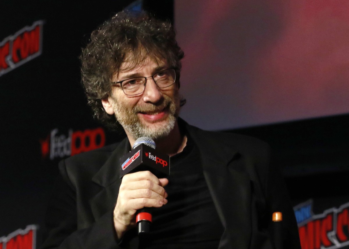 **FILE PHOTO** Dark Horse Comics Drops Neil Gaiman After Sexual Assault Allegations. NEW YORK, NY - OCTOBER 6: Neil Gaiman at the Good Omens panel during the 2018 New York Comic Con at The Hulu Theatr ...