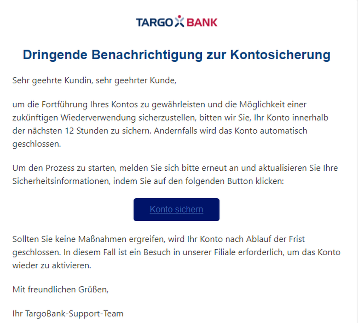 Mit dieser Mail wollen Kriminelle Daten von Targobank-Kunden abgreifen.
