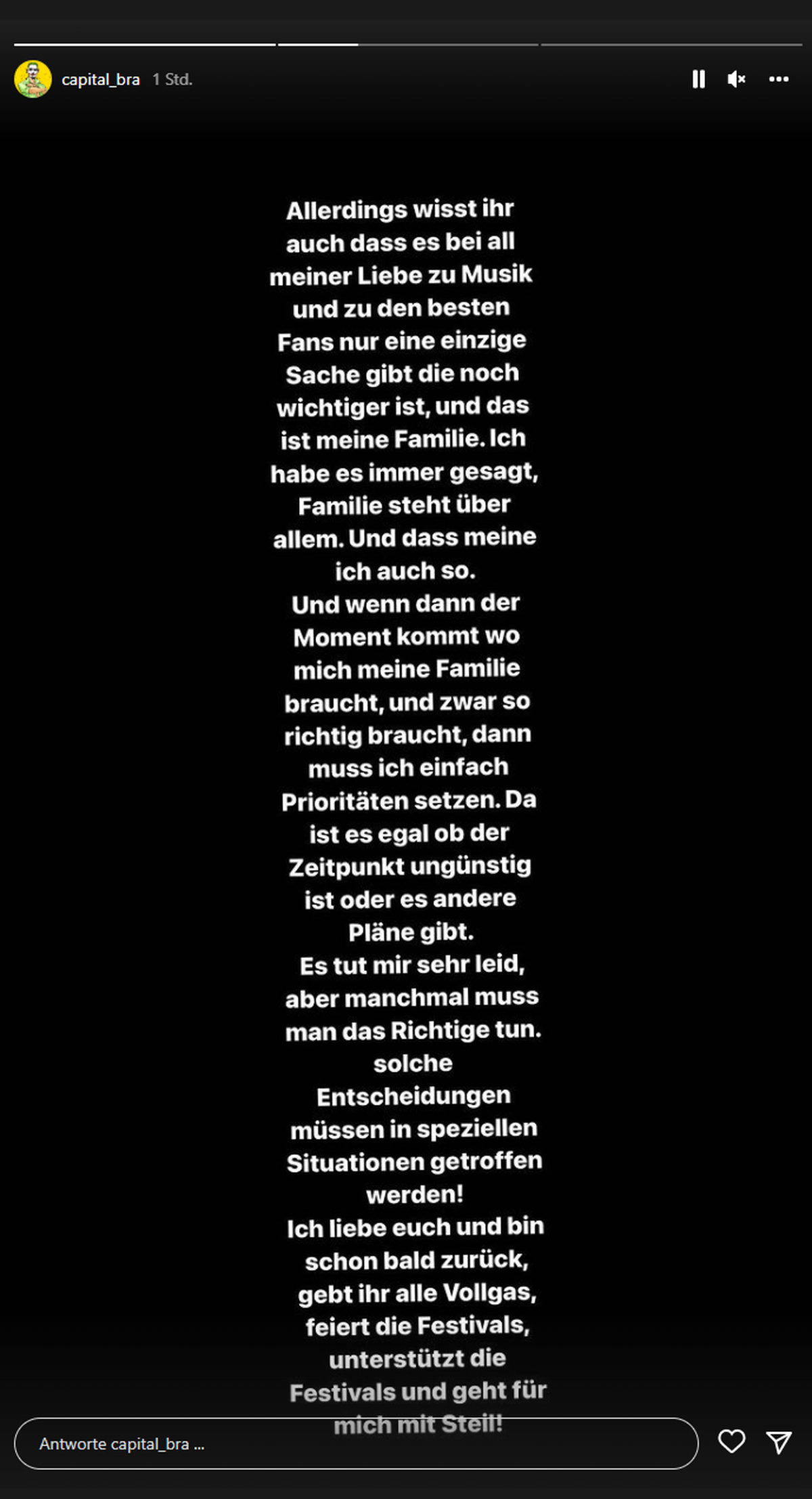 Capital Bra verkündete die Verlängerung seiner Pause auf Instagram.