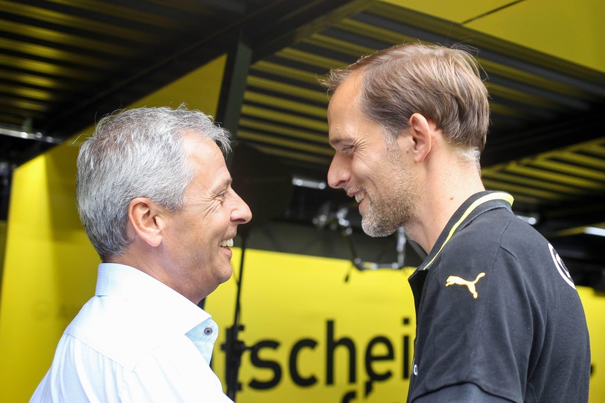 Dortmund Trainer Thomas Tuchel Borussia Dortmund und Trainer Lucien Favre Borussia Moenchengladbach Borussia Dortmund vs Borussia Moenchengladbach, Fussball, 1. Bundesliga, 15.08.2015, Copyright: Schu ...