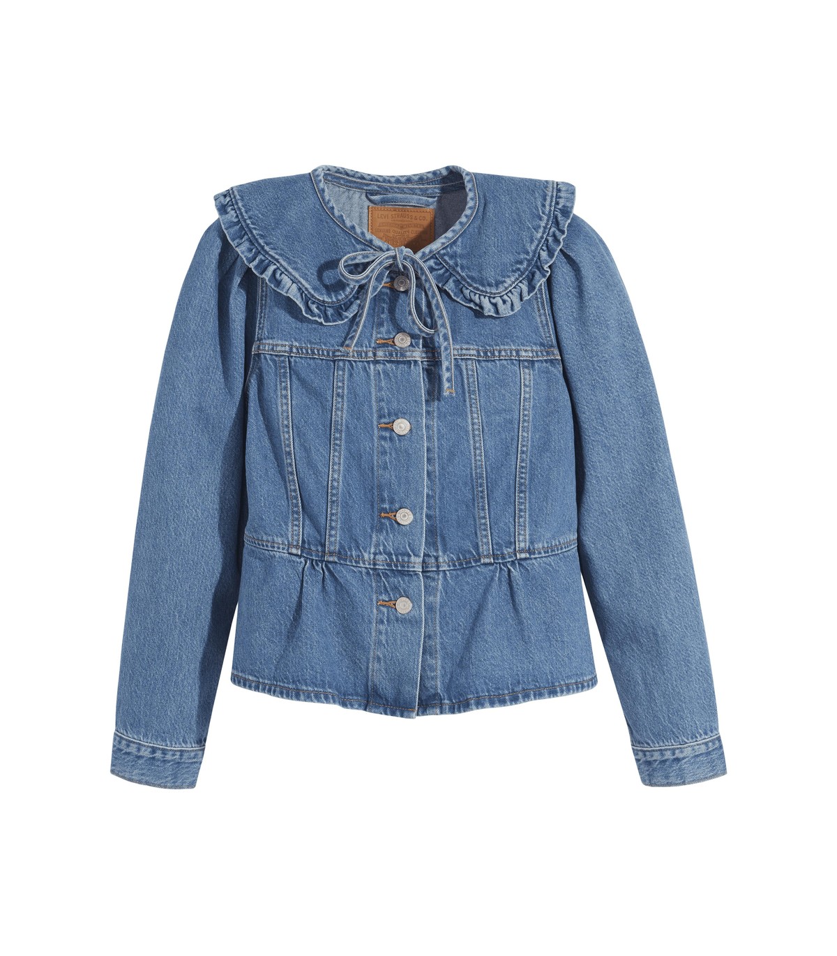 Das Prairie Trucker Jacket überzeugt mit femininen Details wie Rüschen, Bindegürtel und Puffärmeln.