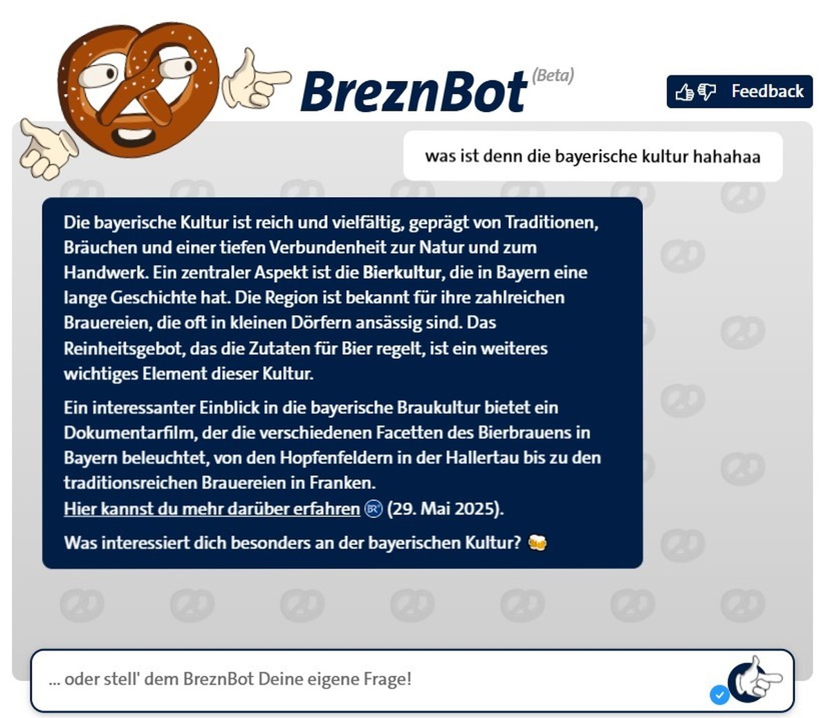 Bei der Frage an den BreznBot konnten wir uns selbst kein Lachen verkneifen.