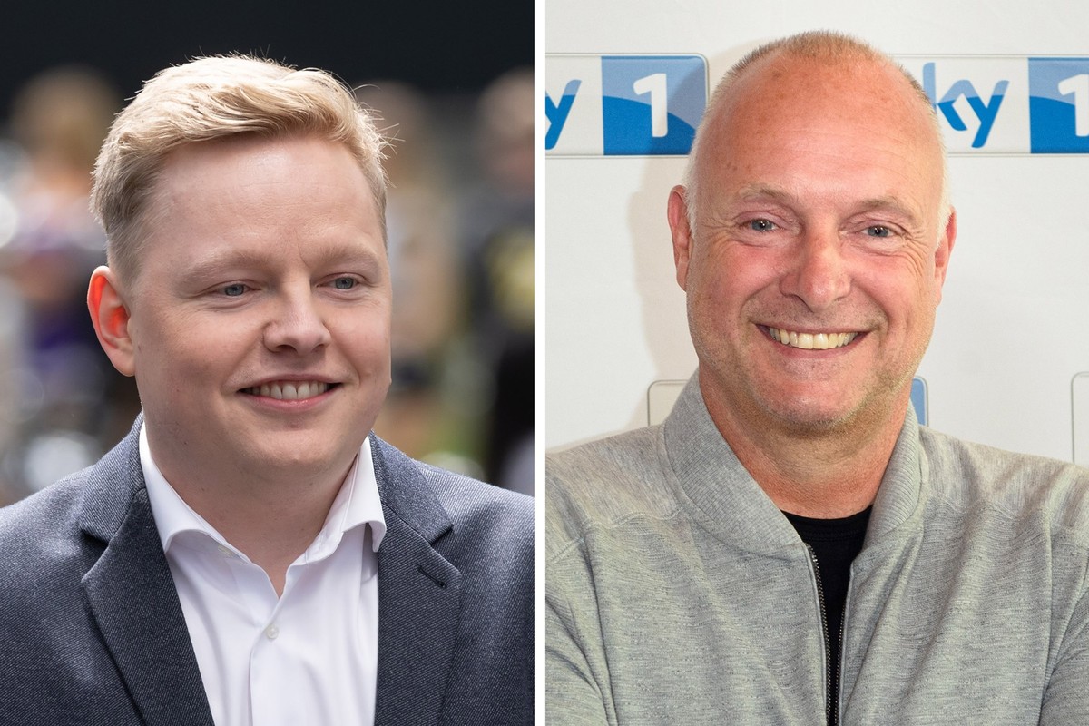 21.08.2025, Hessen, Frankfurt am Main: Die Bildkombo zeigt die TV-Kommentatoren Florian Schmidt-Sommerfeld (l, 26.05.2023) und Frank Buschmann (Gregor Fischer). Sie kommentieren als Doppel das Freitag ...
