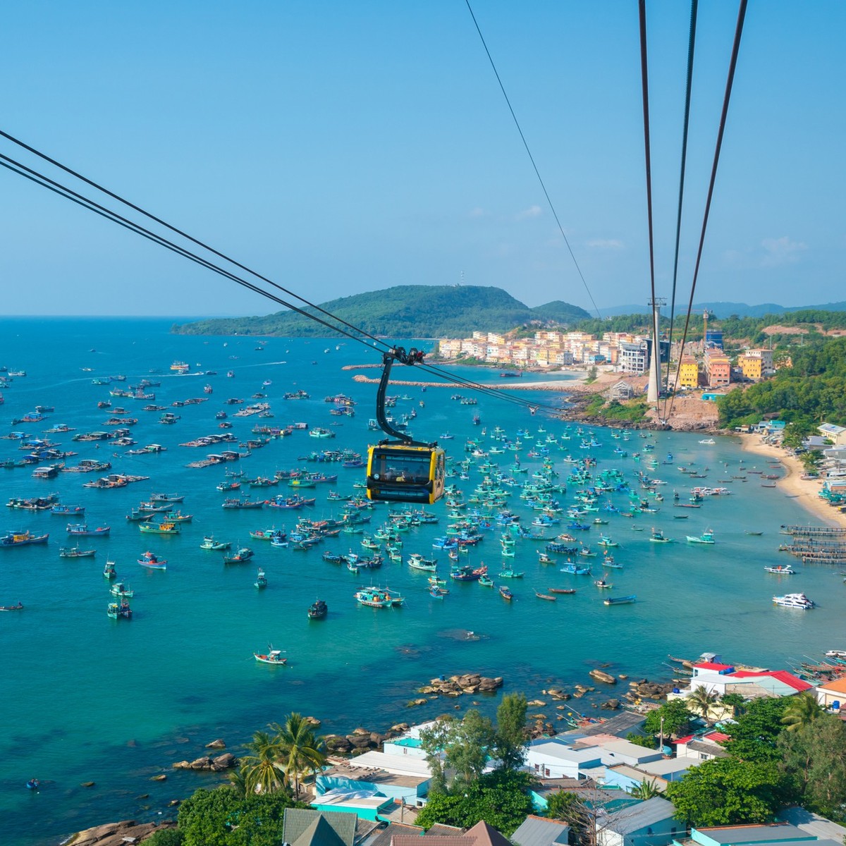 Wide shot of Cable car ropeway to Hon Thom - Phu Quoc island, Vietnam
