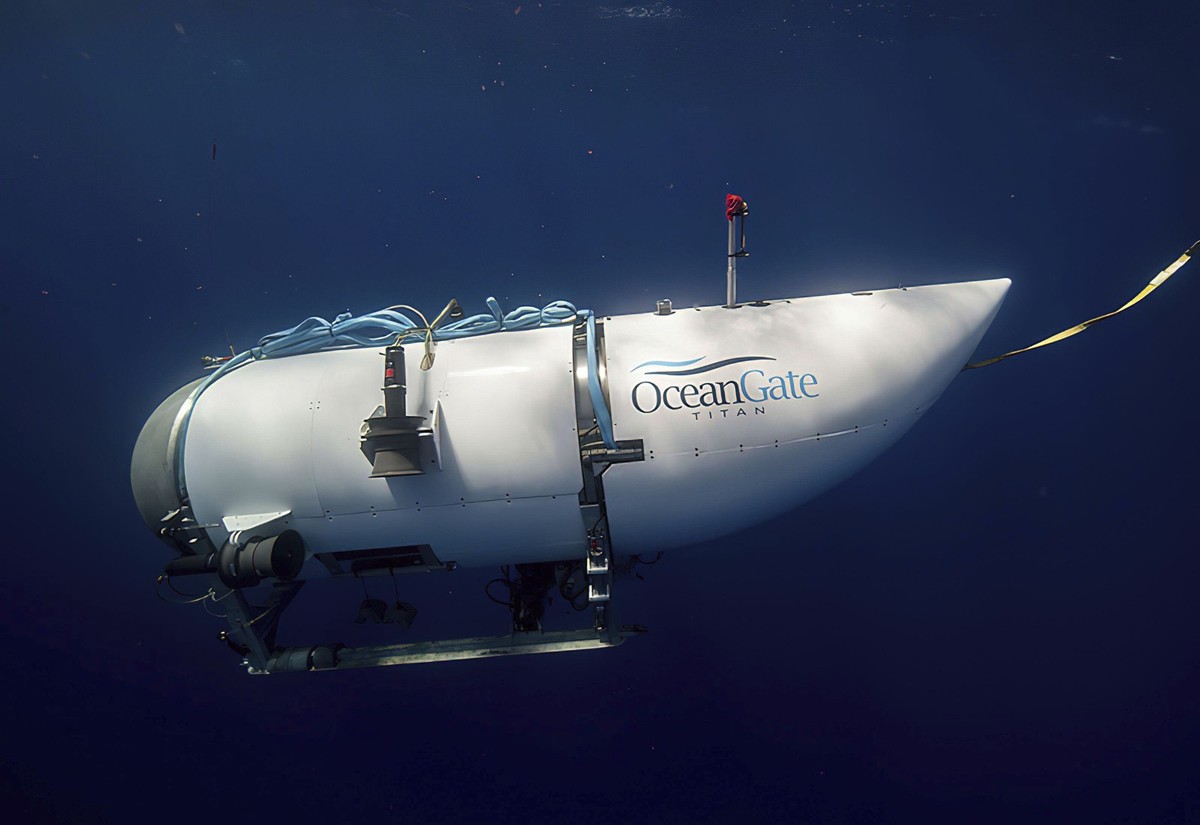 This photo provided by OceanGate Expeditions shows a submersible vessel named Titan used to visit the wreckage site of the Titanic. In a race against the clock on the high seas, an expanding internati ...