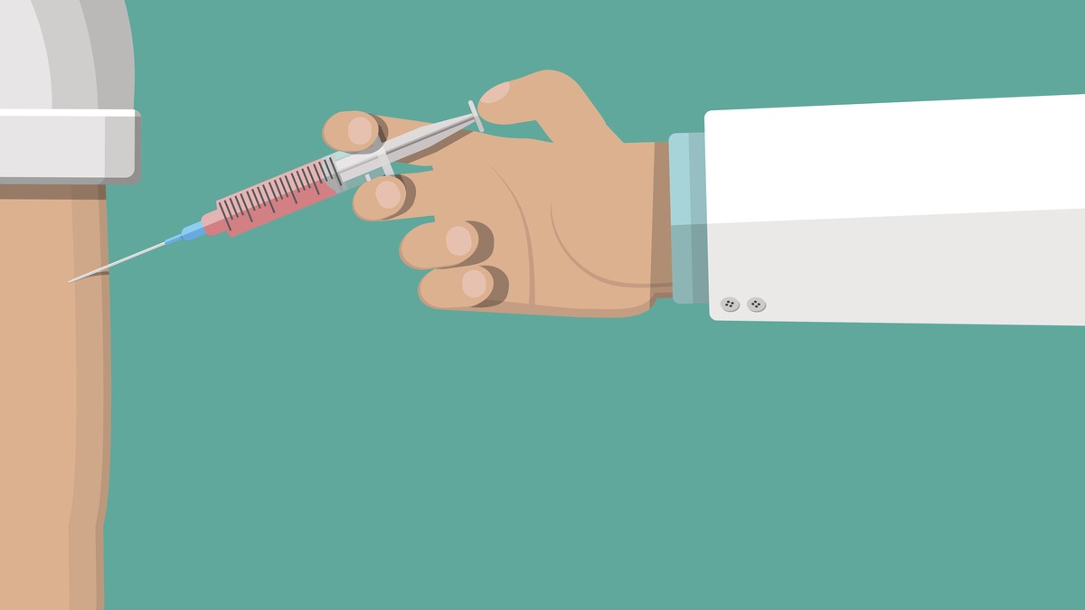 Doctor hand with syringe making vaccination of patient. Healthcare, hospital and medical diagnostics. Vector illustration in flat style