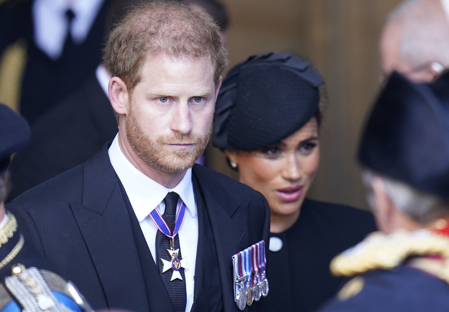 LONDON, ENGLAND - SEPTEMBER 14: Prince Harry and Meghan, Duchess of Sussex leave Westminster Hall, London after the coffin of Queen Elizabeth II was brought to the hall to lie in state ahead of her fu ...