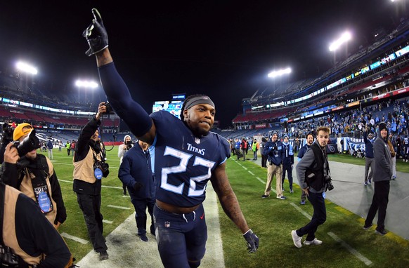 Dec 6, 2018; Nashville, TN, USA; Tennessee Titans running back Derrick Henry (22) leaves the field after setting the single game Tennessee Titans rushing record in a win against the Jacksonville Jagua ...