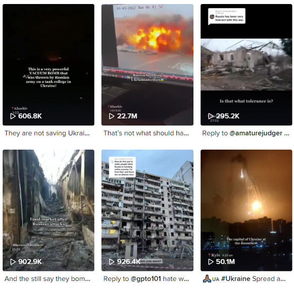 Ein Ausschnitt aus Martas TikTok-Profil zeigen Videos von Explosionen und zertrümmerten Häusern.