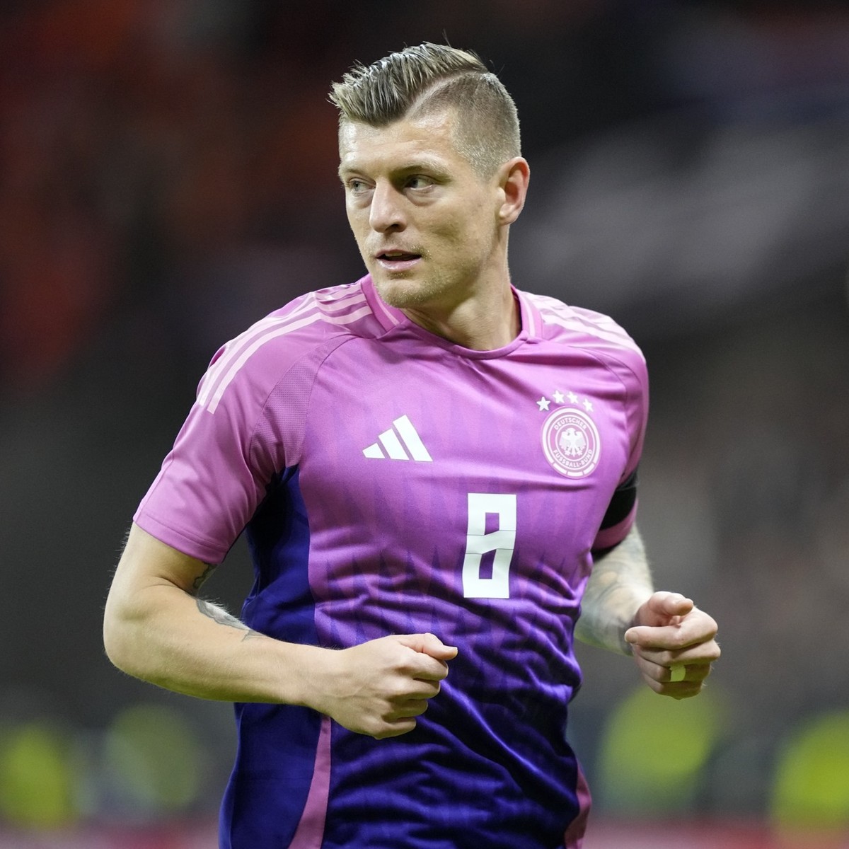 FILE - Germany's Toni Kroos plays during the international friendly soccer match between Germany and Netherlands in Frankfurt, Germany, Tuesday, March 26, 2024. (AP Photo/Martin Meissner, File)