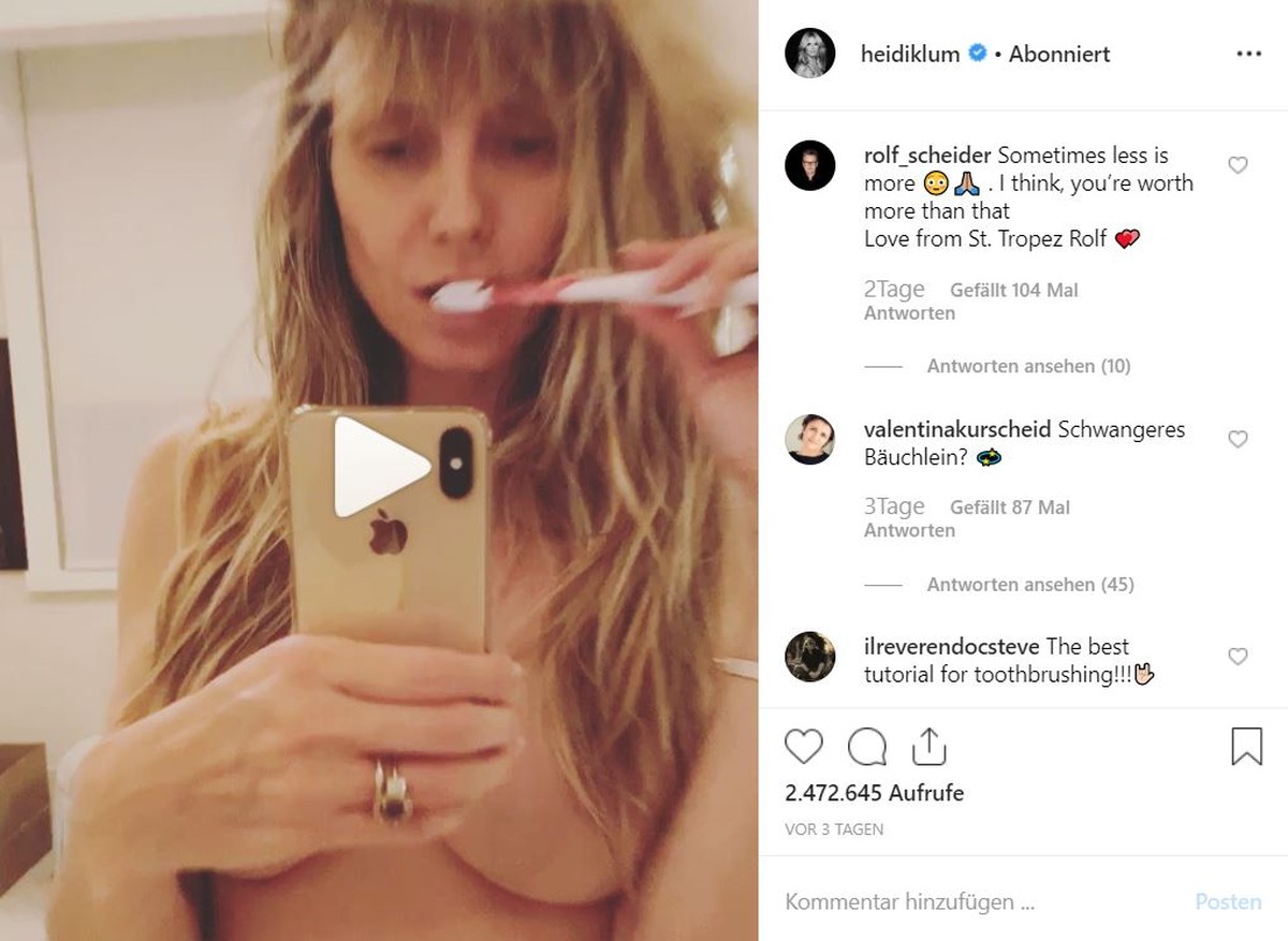 Links: Heidi Klum beim Zähneputzen, rechts: Rolf Scheiders Kritik