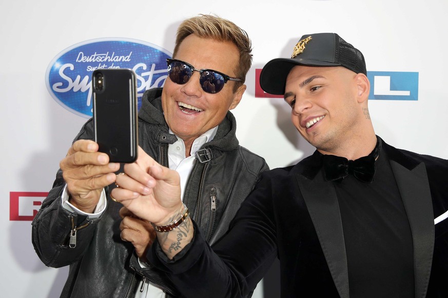 COLOGNE, GERMANY - APRIL 27: Jurors Dieter Bohlen and Pietro Lombardi take a selfie as they attend the season 16 finals of the tv competition show &quot;Deutschland sucht den Superstar&quot; (DSDS) at ...