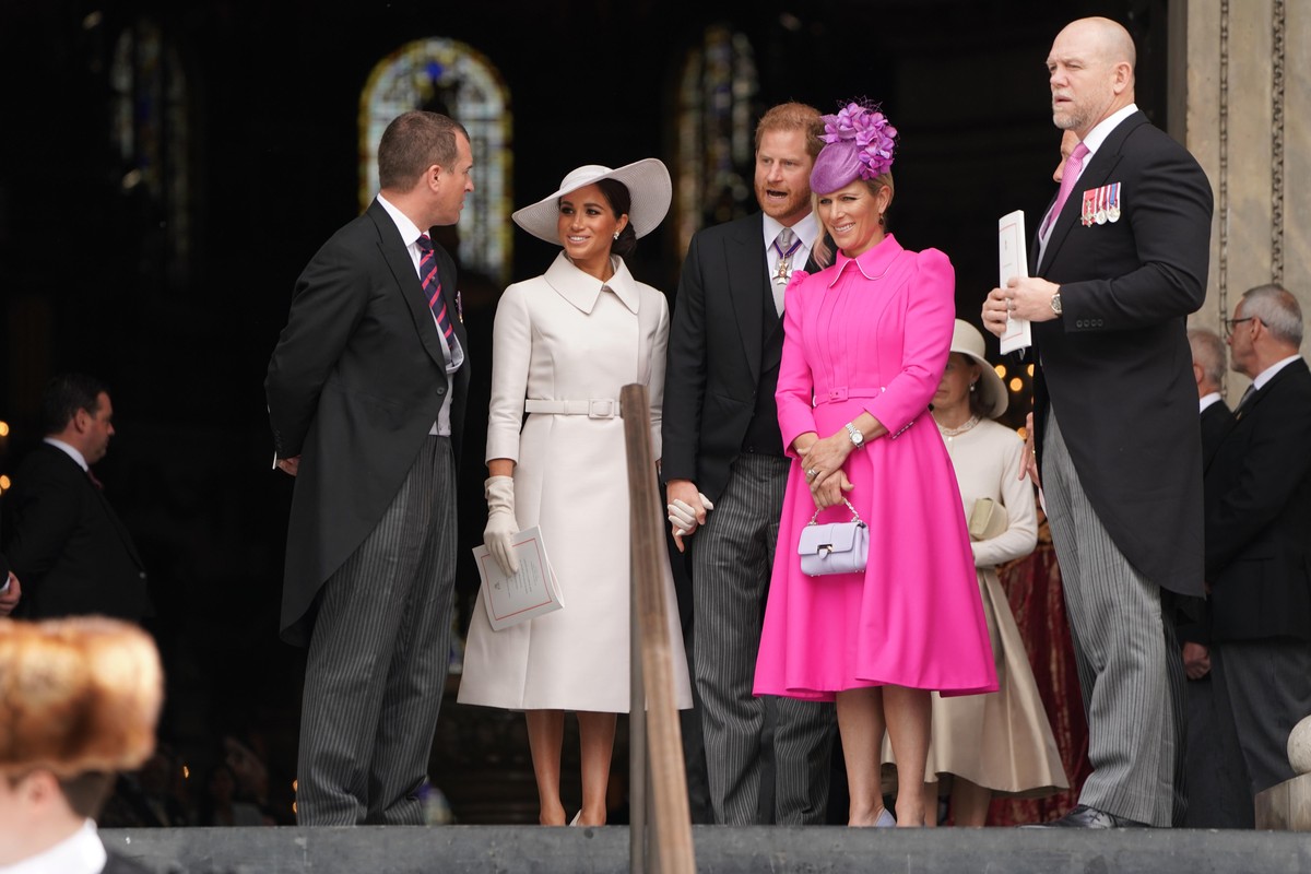 Platinum Jubilee. Peter Phillips, the Duchess of Sussex, the Duke of Sussex, Zara Tindall and Mike Tindall leave the National Service of Thanksgiving at St Paul&#039;s Cathedral, London, on day two of ...