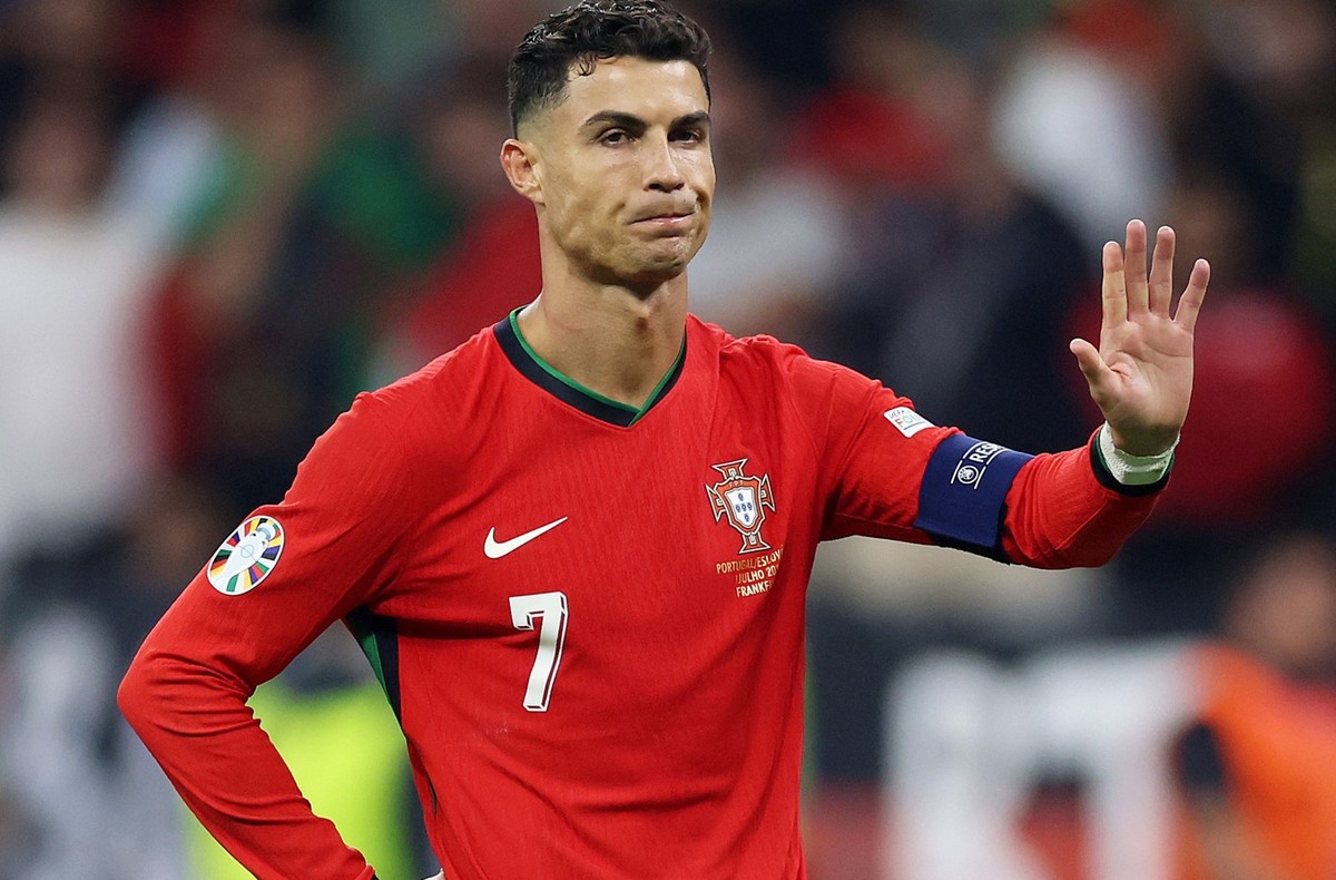 FRANKFURT AM MAIN, GERMANY - JULY 01: Cristiano Ronaldo of Portugal gestures as he reacts ahead of the second half of extra-time during the UEFA EURO 2024 round of 16 match between Portugal and Sloven ...