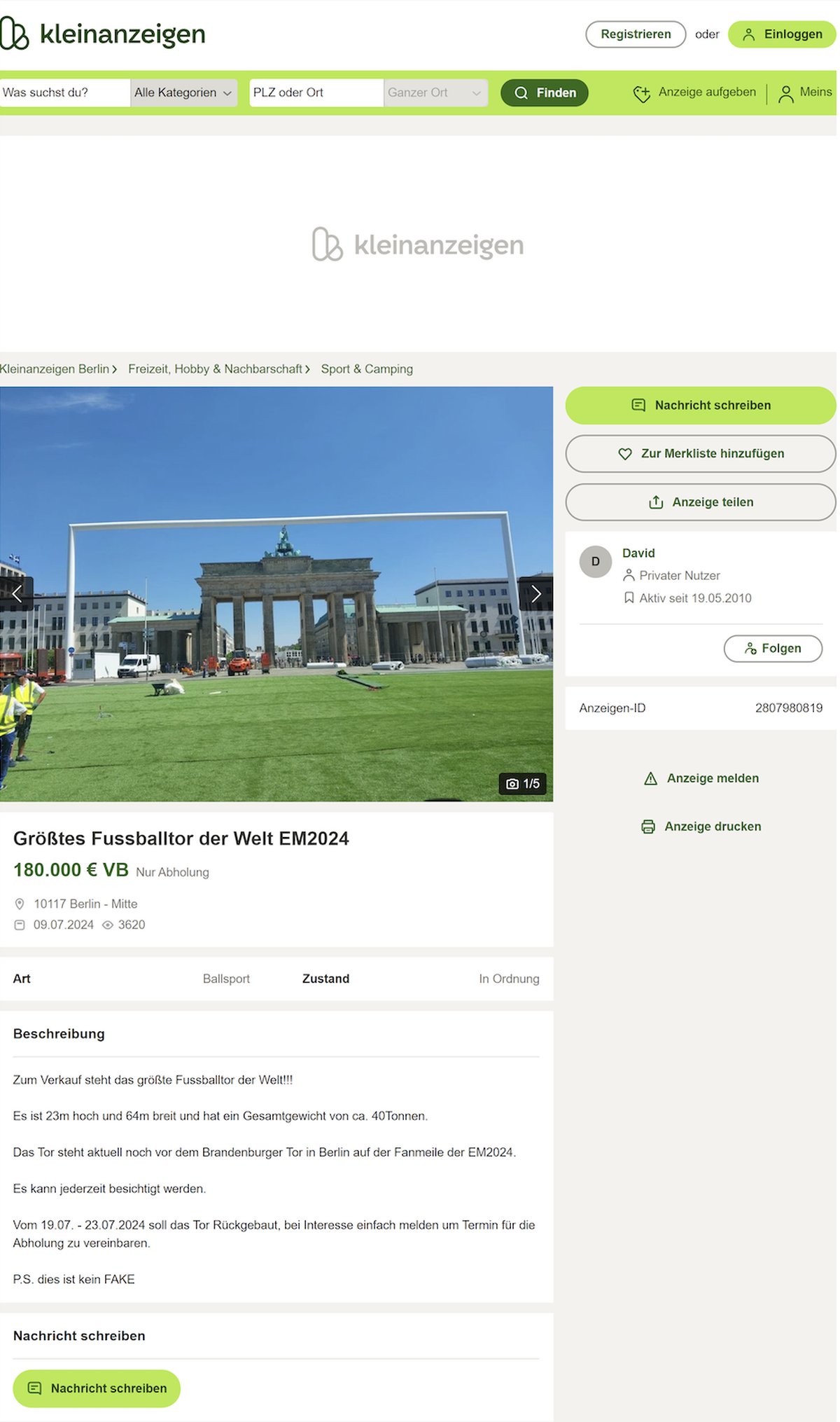 Wer nach einem Erinnerungsstück an die EM2024 suchte, wurde auf Kleinanzeigen fündig.