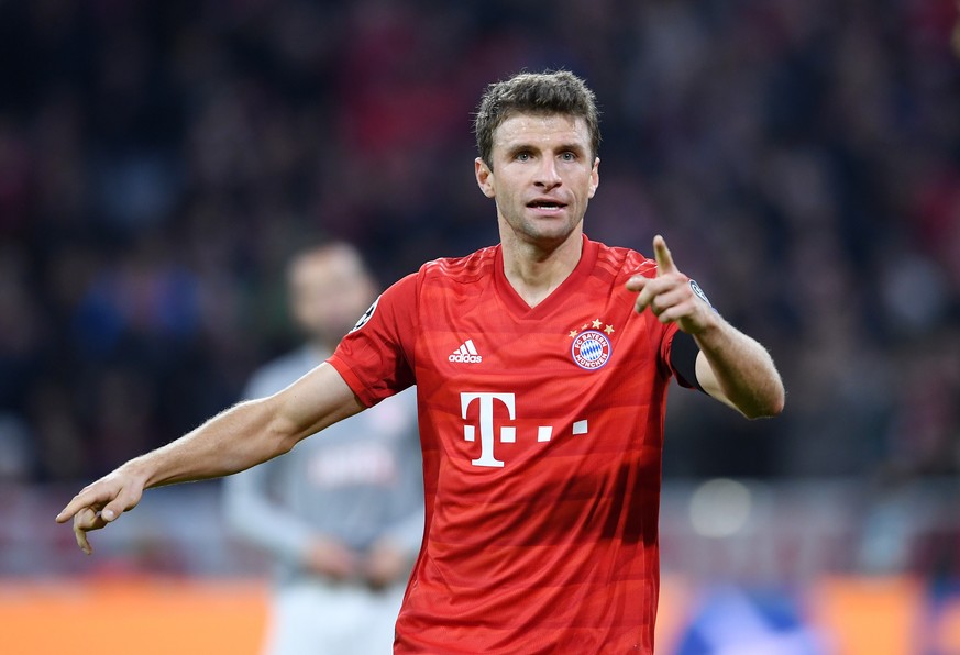 FUSSBALL CHAMPIONS LEAGUE SAISON 2019/2020 Vorrunde Gruppe B FC Bayern Muenchen - Olympiakos Piraeus 06.11.2019 JUBEL FC Bayern Muenchen Thomas Mueller *** FOOTBALL CHAMPIONS LEAGUE SAISON 2019 2020 p ...