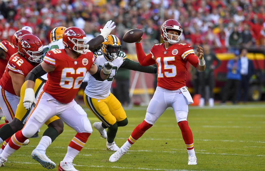 Kansas City Chiefs quarterback Patrick Mahomes winds up to throw in the first quarter against the Green Bay Packers at GEHA Field at Arrowhead Stadium Sunday, Nov. 7, 2021 in Kansas City, Missouri. (R ...