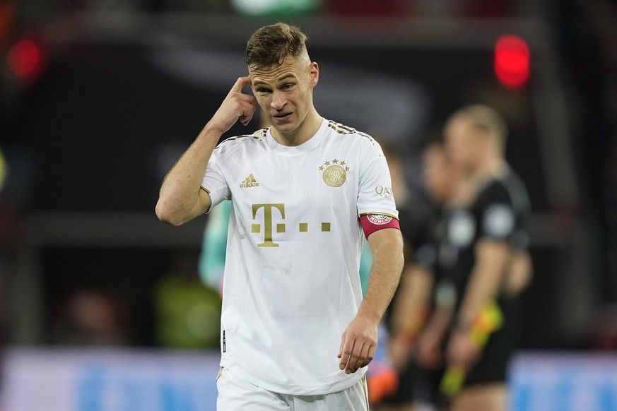 Bayern&#039;s Joshua Kimmich reacts after their loss in the German Bundesliga soccer match between Bayer Leverkusen and Bayern Munich in Leverkusen, Germany, Sunday, March 19, 2023. (AP Photo/Martin M ...