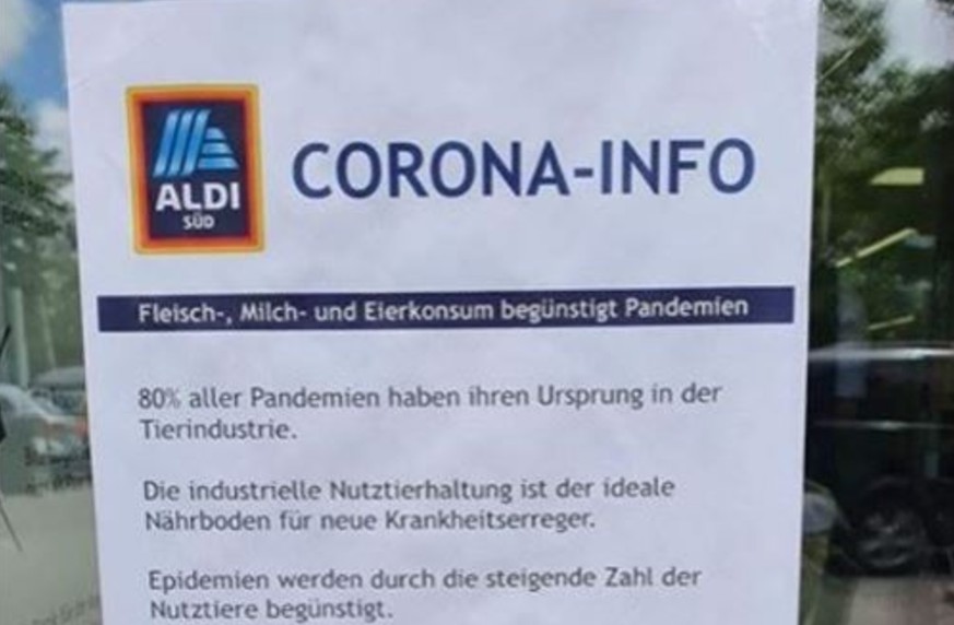 Ein Aushang, der zum Boykott tierischer Produkte aufruft, um eine weitere Pandemie zu verhindern, sorgt für Verwirrung.