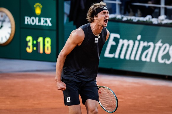 May 31, 2022, Paris, France, France: Alexander ZVEREV of Germany celebrates his victory during the Day ten of Roland-Garros 2022, French Open 2022, Grand Slam tennis tournament at the Roland-Garros st ...