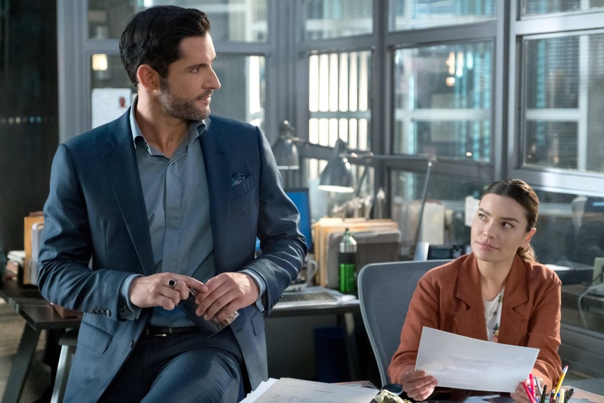 LUCIFER, from left: Tom Ellis, Lauren German, O, Ye of Little Faith, Father , Season 4, ep. 403, aired May 8, 2019. photo: John P. Fleenor / Netflix / courtesy Everett Collection Tom Ellis, Lauren Ger ...