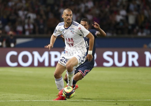 Ludovic Ajorque of Strasbourg during the French championship Ligue 1 football match between Paris Saint-Germain and RC Strasbourg on August 14, 2021 at Parc des Princes stadium in Paris, Franc