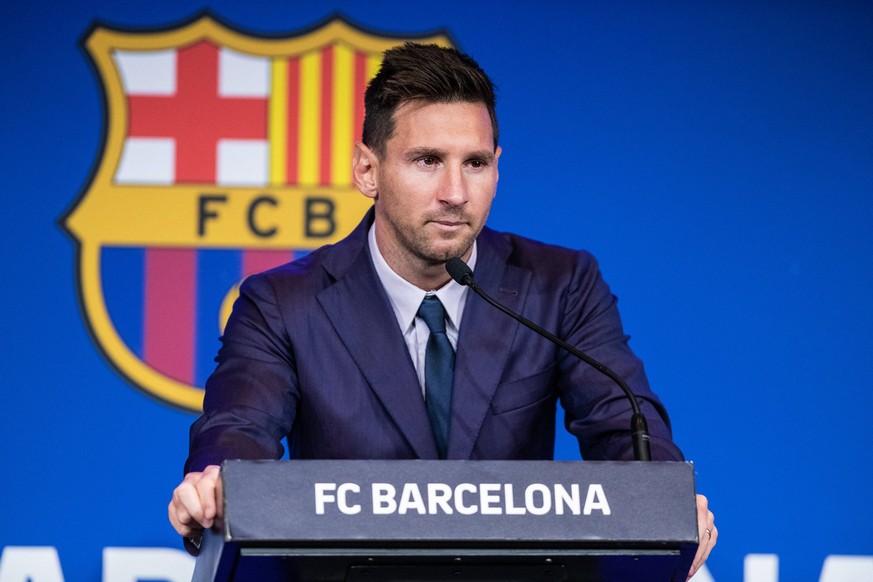 August 8, 2021, BARCELONA, BARCELONA, SPAIN: Lionel Leo Messi attends during his press conference, PK, Pressekonferenz to talk about his departure from FC Barcelona, Barca at Camp Nou stadium on Augus ...