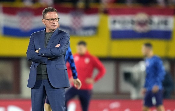 Austria&#039;s coach Ralf Rangnick looks out during the warm up before the UEFA Nations League soccer match between Austria and Croatia at the Ernst Happel Stadion in Vienna, Austria, Sunday, Sept. 25 ...