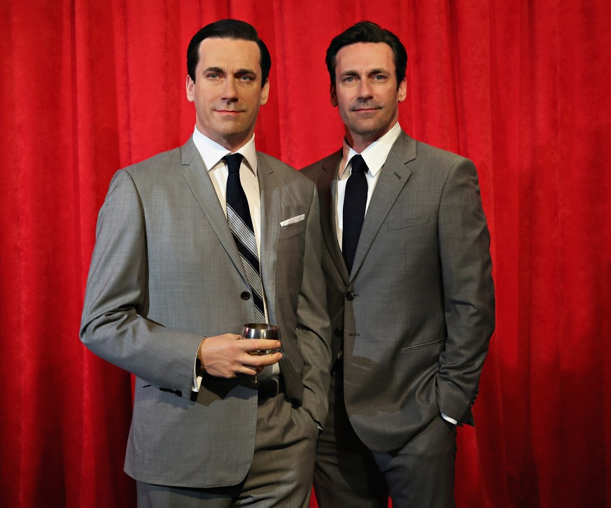 NEW YORK, NY - MAY 09: Madame Tussauds New York and actor Jon Hamm (R) unveil Don Draper's wax figure during Mad Men's Final Season at Madame Tussauds New York on May 9, 2014 in New York City. (Photo ...