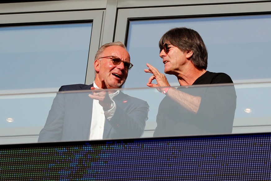 Soccer Football - Bundesliga - RB Leipzig v Bayern Munich - Red Bull Arena, Leipzig, Germany - September 14, 2019 Bayern Munich CEO Karl-Heinz Rummenigge and Germany coach Joachim Low inside the stadi ...