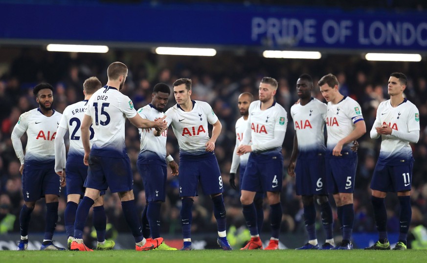 Chelsea v Tottenham Hotspur - Carabao Cup - Semi Final - Second Leg - Stamford Bridge Tottenham Hotspur s Eric Dier misses a penalty and is consoled by teammate Harry Winks (centre) EDITORIAL USE ONLY ...