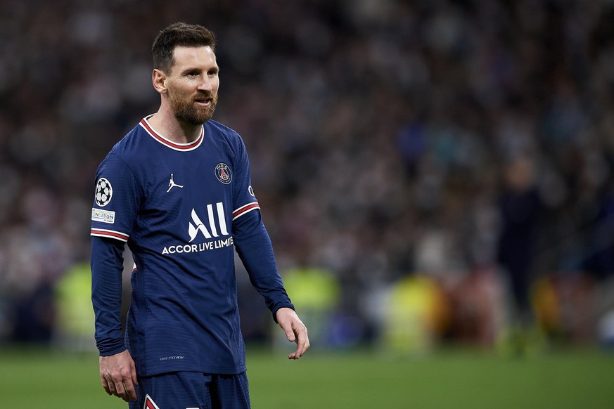 Leo Messi of PSG during the UEFA Champions League Round Of Sixteen Leg Two match between Real Madrid and Paris Saint-Germain at Estadio Santiago Bernabeu on March 9, 2022 in Madrid, Spain. (Photo by J ...