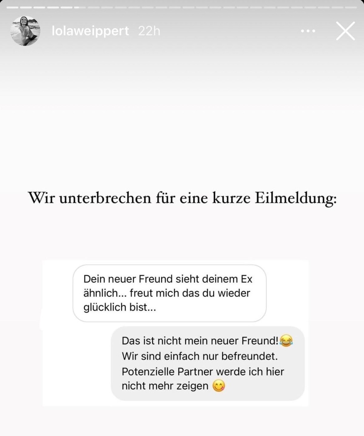 In ihrer aktuellen Instagram-Story stellte Lola Weippert prompt klar, wie es aktuell um ihr Liebesleben steht.