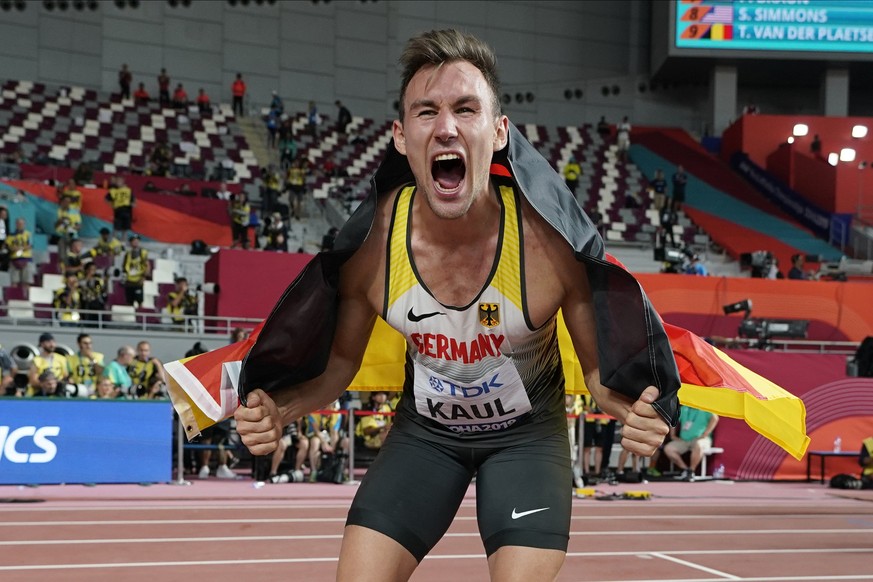 Niklas Kaul, of Germany, celebrates winning the decathlon at the World Athletics Championships in Doha, Qatar, Friday, Oct. 4, 2019. (AP Photo/David J. Phillip)